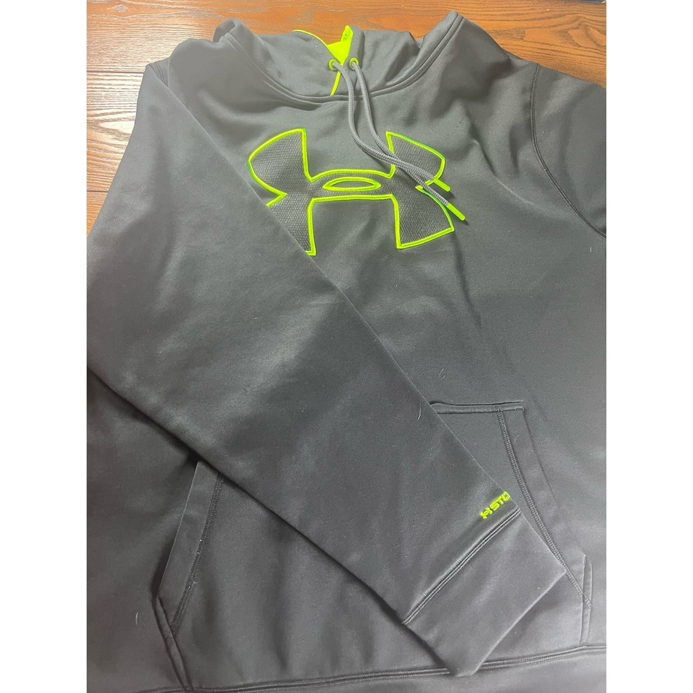 Under Armour Mens 2XL Pullover Hoodie Black Lime Green Big Logo Sweatshirt
